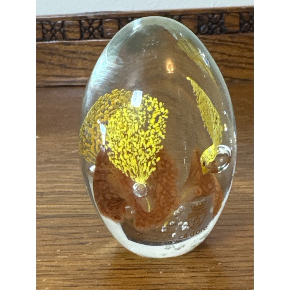 Seguso Ca' d'Oro Murano Art Glass Egg Paperweight Yellow Coral 4.5" Italy
